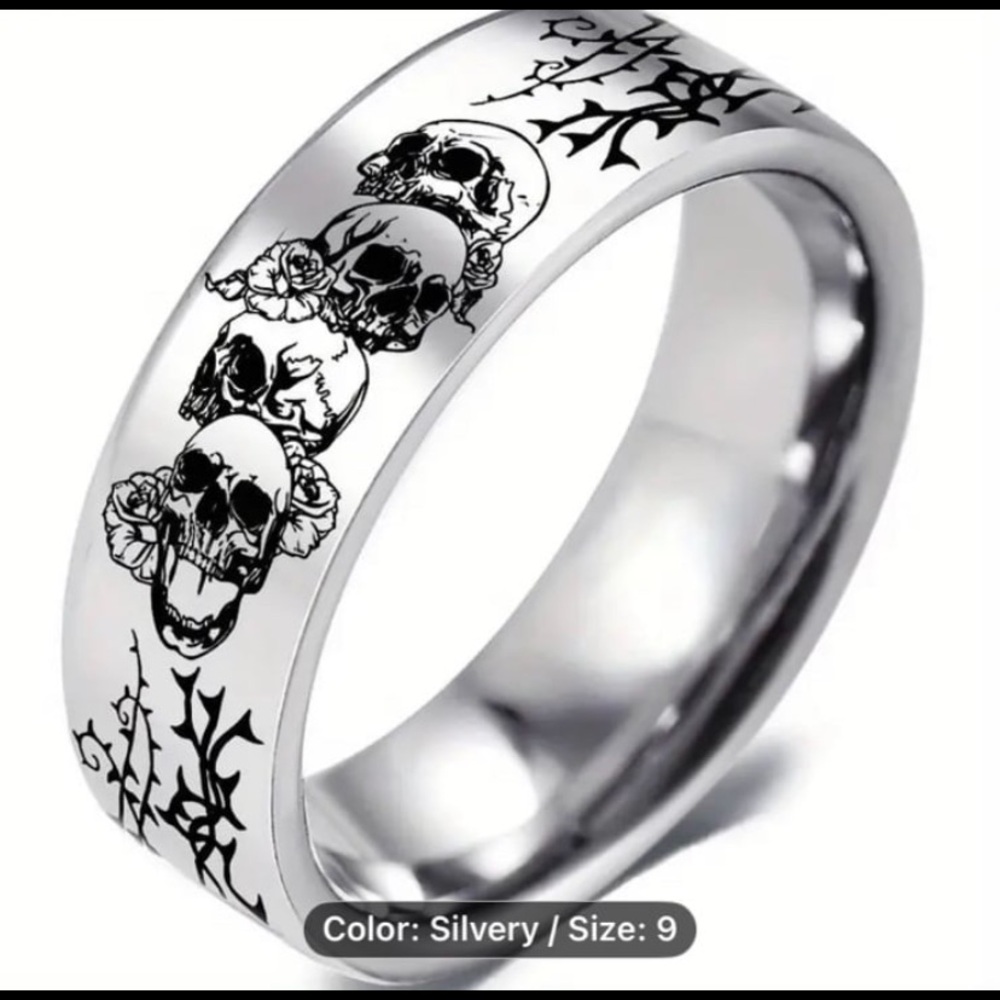 New! Vintage Unisex Punk Style Skull Flower Pattern Stainless Steel Rings.Size 9